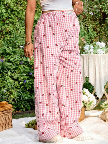 Blue and White Strawberry Plaid Maternity Pants - Boho Ultra High Waist Straight Leg Trousers - Loose Fit Spring Fall Maternity Bottoms