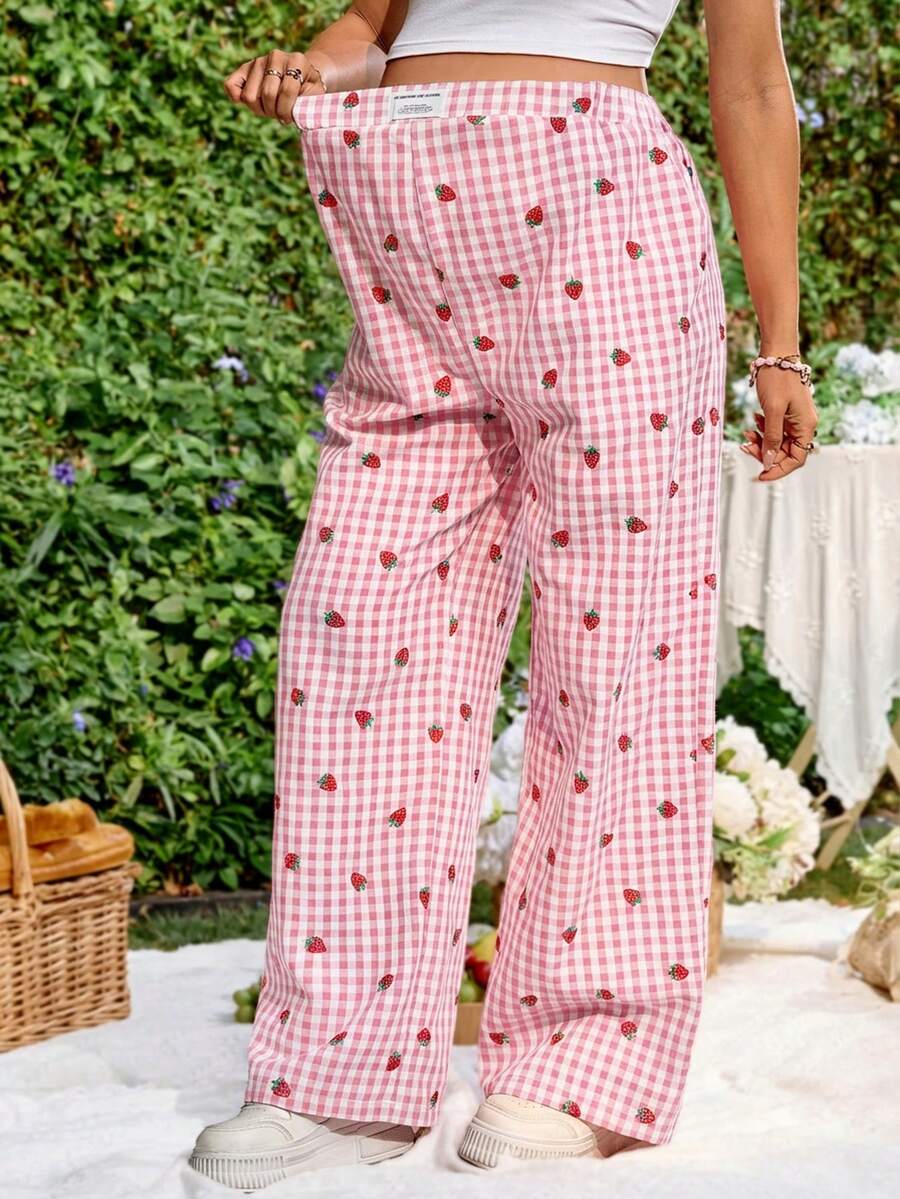 Blue and White Strawberry Plaid Maternity Pants - Boho Ultra High Waist Straight Leg Trousers - Loose Fit Spring Fall Maternity Bottoms