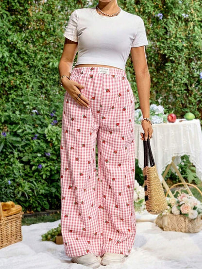 Blue and White Strawberry Plaid Maternity Pants - Boho Ultra High Waist Straight Leg Trousers - Loose Fit Spring Fall Maternity Bottoms
