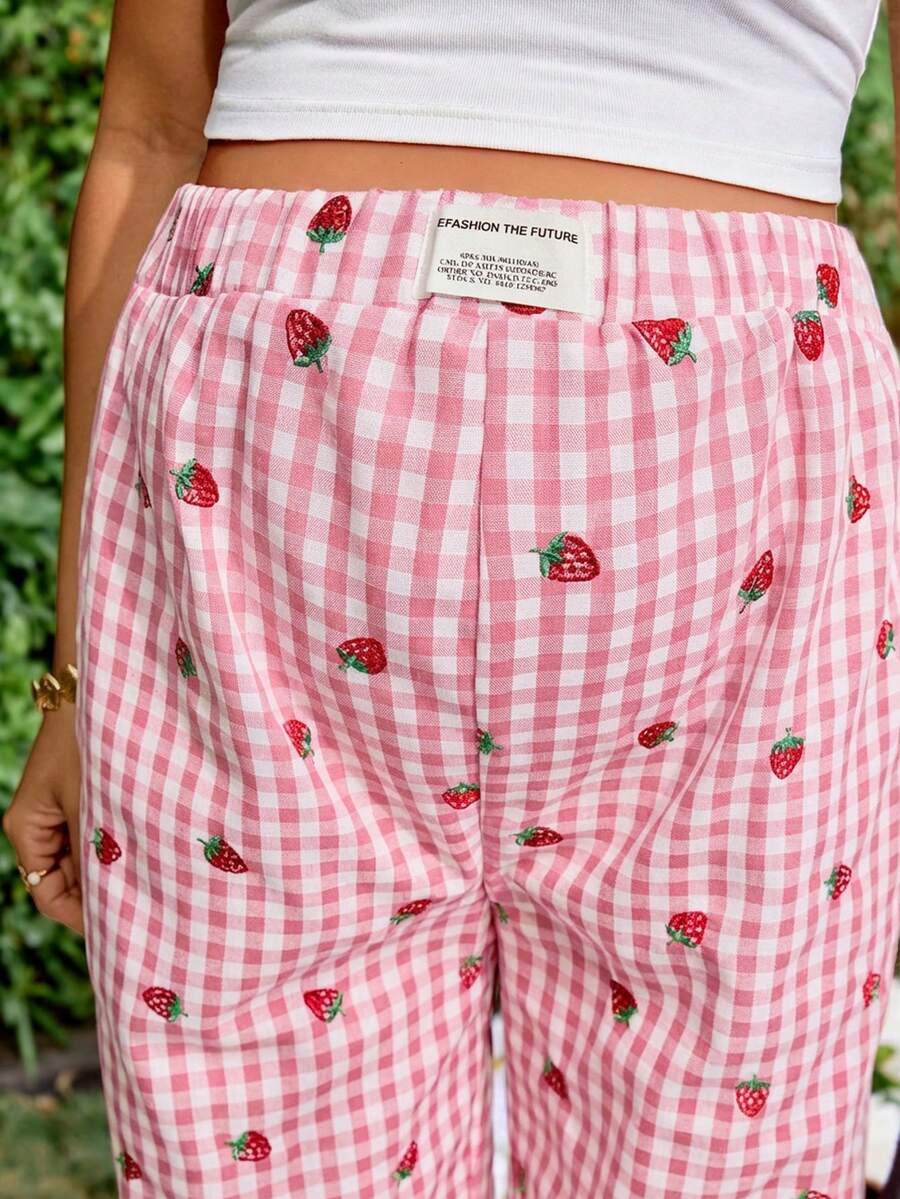 Blue and White Strawberry Plaid Maternity Pants - Boho Ultra High Waist Straight Leg Trousers - Loose Fit Spring Fall Maternity Bottoms