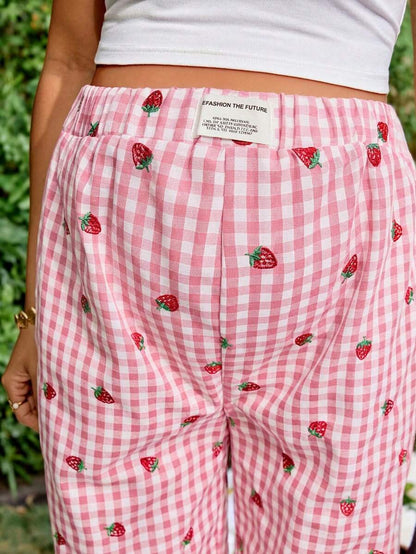 Blue and White Strawberry Plaid Maternity Pants - Boho Ultra High Waist Straight Leg Trousers - Loose Fit Spring Fall Maternity Bottoms