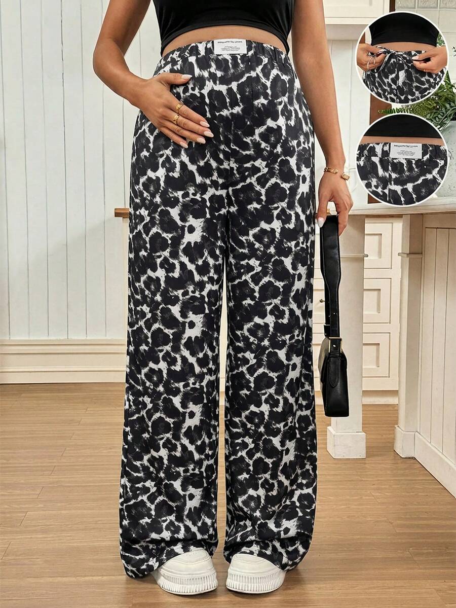 Apricot Allover Print Maternity Straight Leg Pants with Pockets and Ultra High Elastic Waist Loose Fit Casual Long Trousers