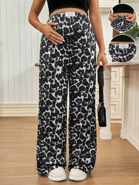 Apricot Allover Print Maternity Straight Leg Pants with Pockets and Ultra High Elastic Waist Loose Fit Casual Long Trousers
