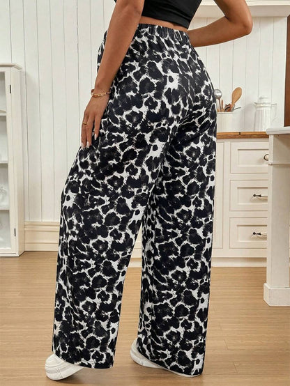 Apricot Allover Print Maternity Straight Leg Pants with Pockets and Ultra High Elastic Waist Loose Fit Casual Long Trousers
