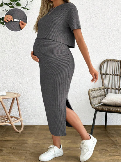Maternity 2-Piece Set - Round Neck Crop Tee & Split Long Skirt, Apricot