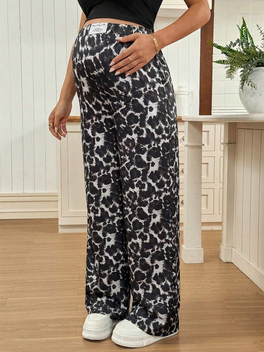 Apricot Allover Print Maternity Straight Leg Pants with Pockets and Ultra High Elastic Waist Loose Fit Casual Long Trousers