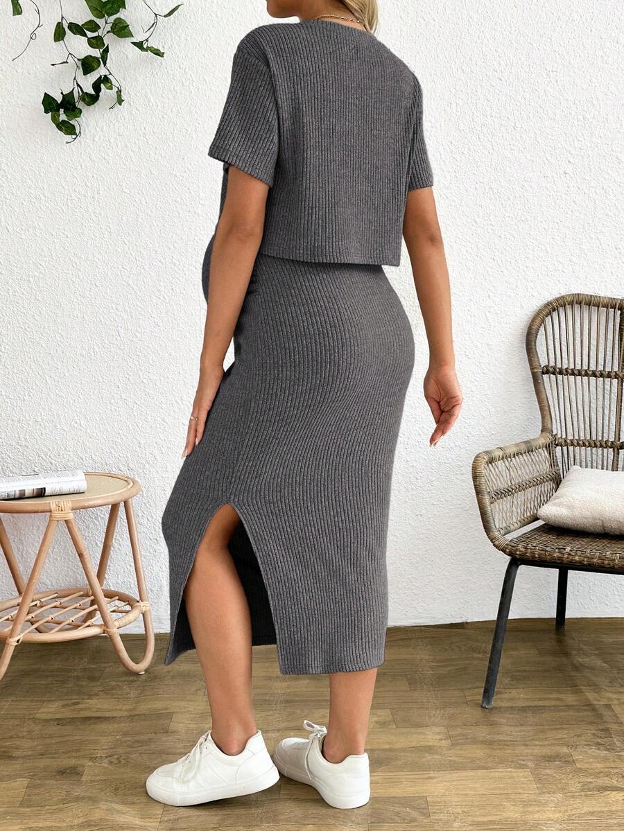 Maternity 2 Piece Set - Solid Color Short Sleeve Top and Skirt Summer Casual, Pregnancy Loungewear