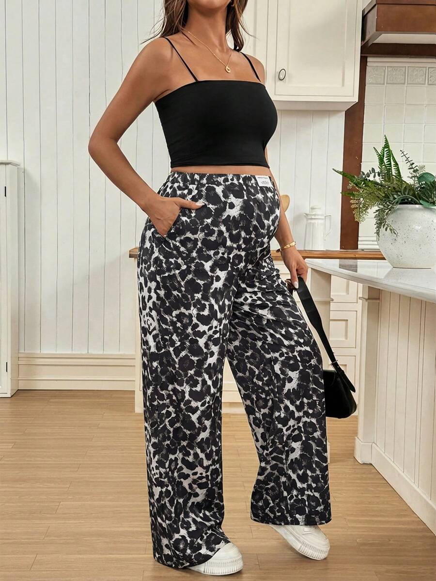 Apricot Allover Print Maternity Straight Leg Pants with Pockets and Ultra High Elastic Waist Loose Fit Casual Long Trousers