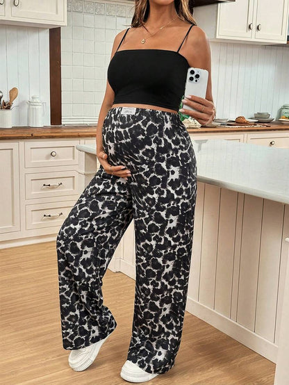 Apricot Allover Print Maternity Straight Leg Pants with Pockets and Ultra High Elastic Waist Loose Fit Casual Long Trousers