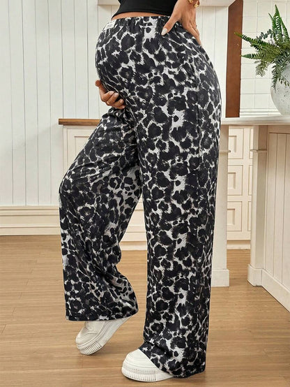 Apricot Allover Print Maternity Straight Leg Pants with Pockets and Ultra High Elastic Waist Loose Fit Casual Long Trousers