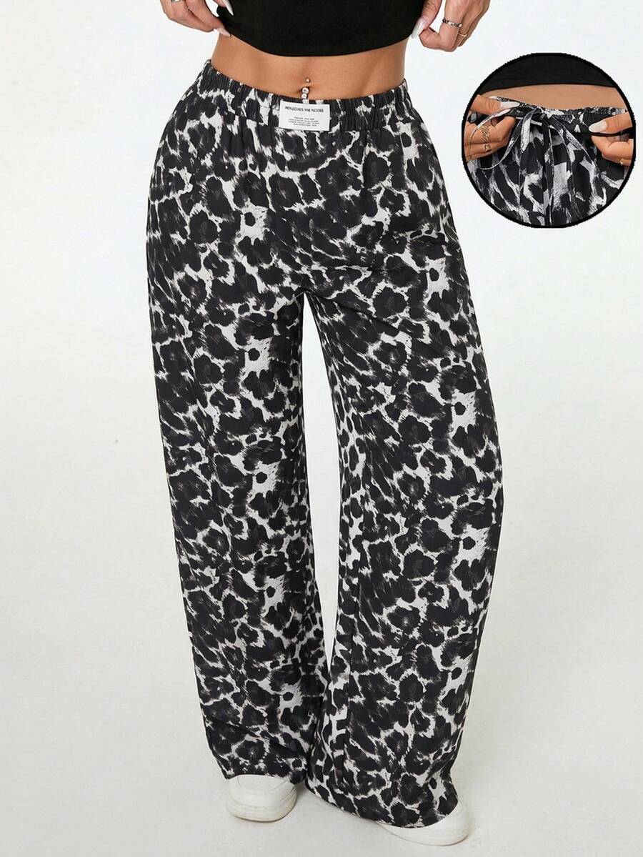 Apricot Allover Print Maternity Straight Leg Pants with Pockets and Ultra High Elastic Waist Loose Fit Casual Long Trousers