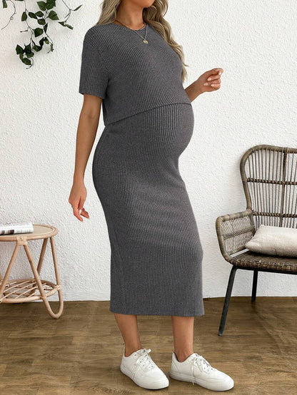 Maternity 2 Piece Set - Solid Color Short Sleeve Top and Skirt Summer Casual, Pregnancy Loungewear