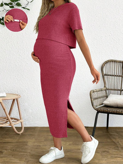 Maternity 2-Piece Set - Round Neck Crop Tee & Split Long Skirt, Apricot