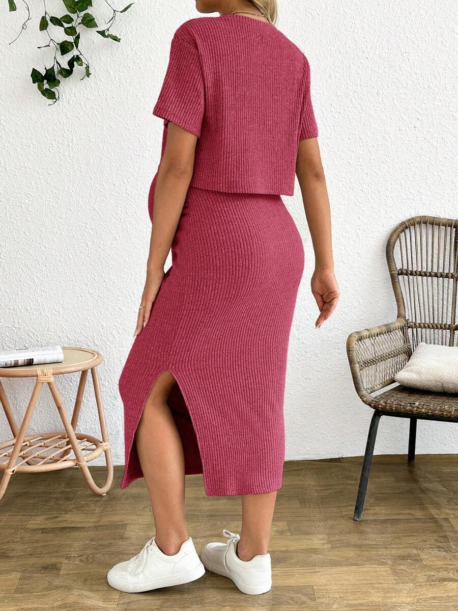 Maternity 2 Piece Set - Solid Color Short Sleeve Top and Skirt Summer Casual, Pregnancy Loungewear
