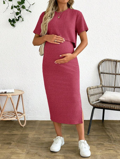 Maternity 2 Piece Set - Solid Color Short Sleeve Top and Skirt Summer Casual, Pregnancy Loungewear
