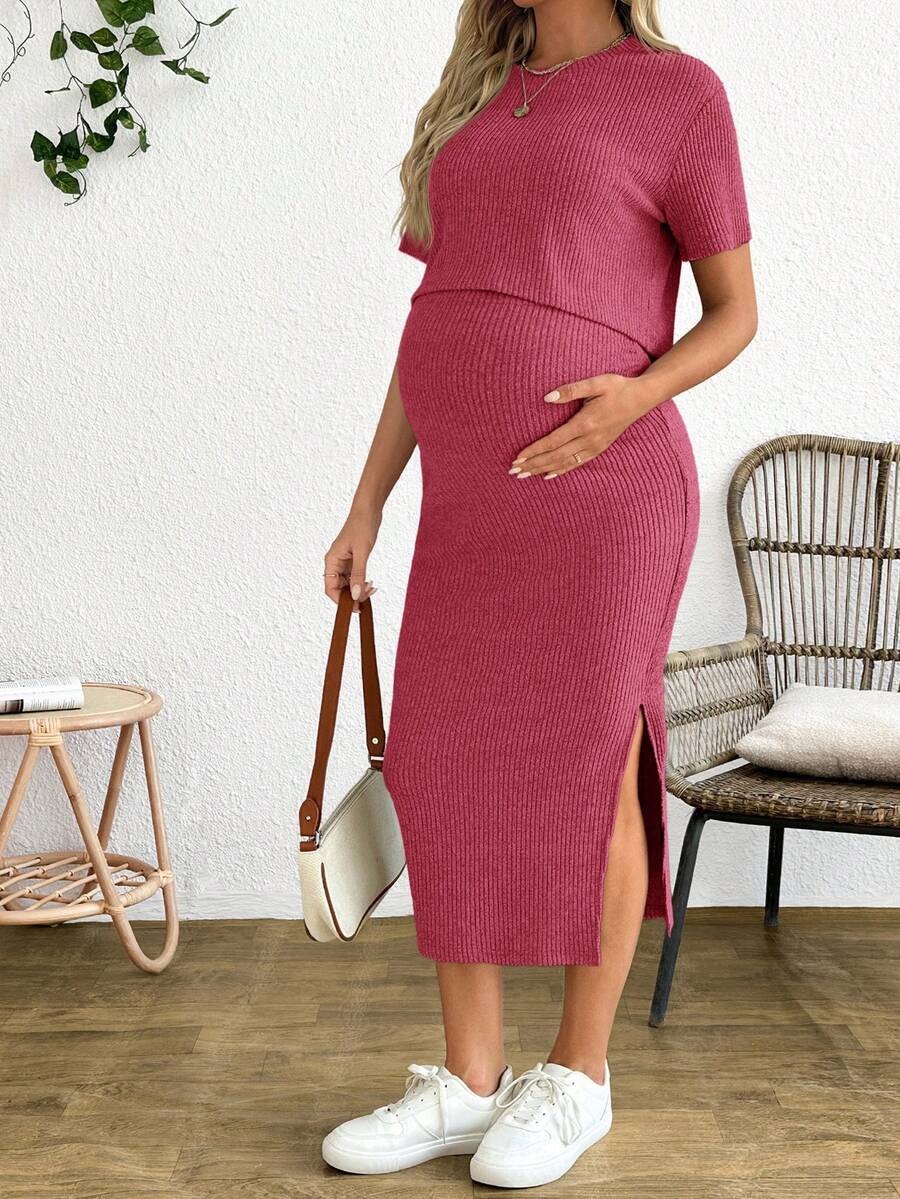 Maternity 2-Piece Set - Round Neck Crop Tee & Split Long Skirt, Apricot