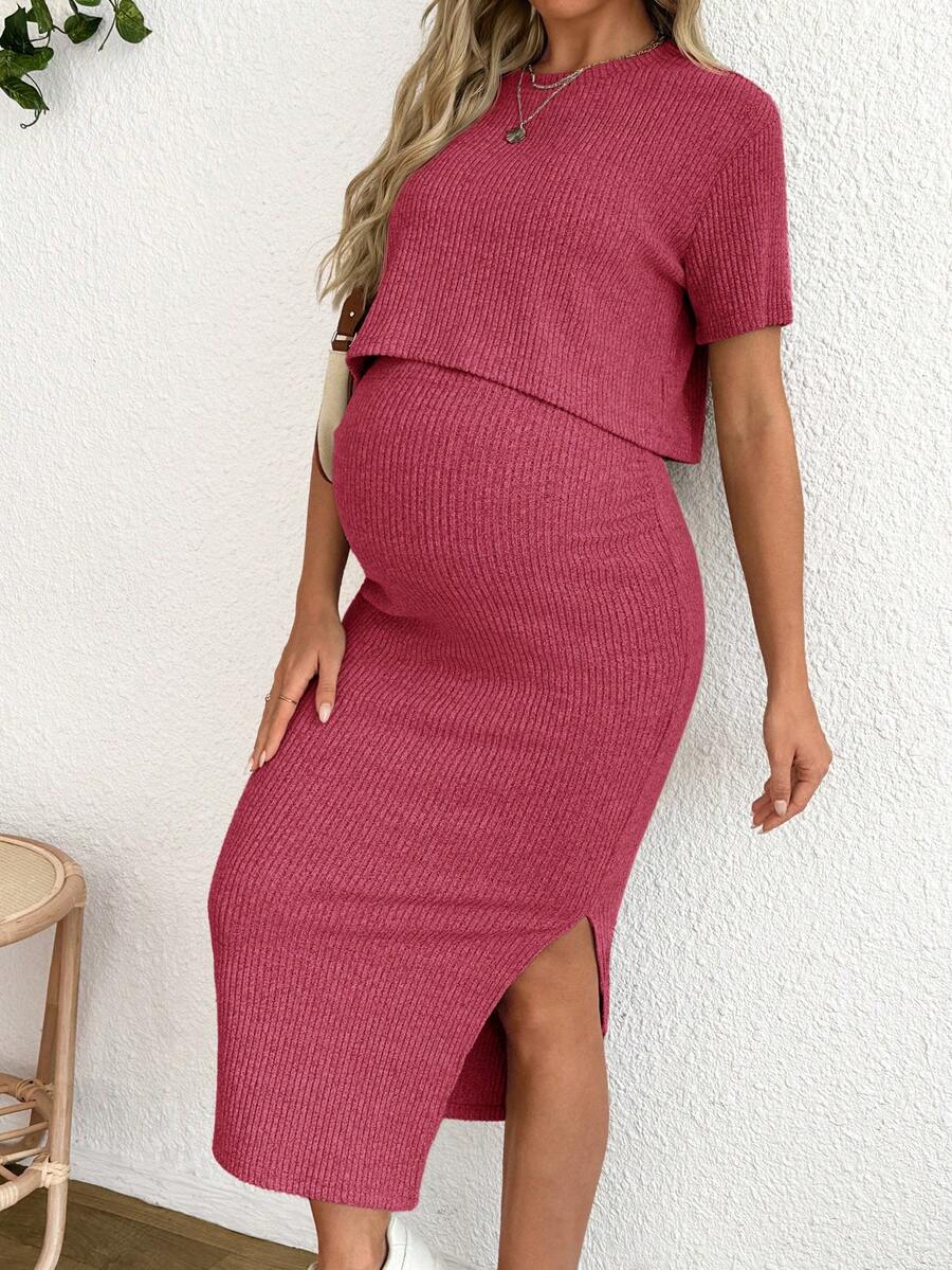 Maternity 2-Piece Set - Round Neck Crop Tee & Split Long Skirt, Apricot