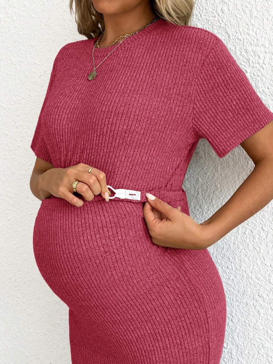 Maternity 2-Piece Set - Round Neck Crop Tee & Split Long Skirt, Apricot