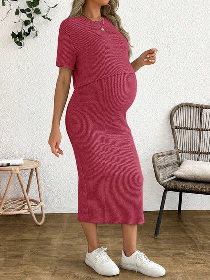 Maternity 2 Piece Set - Solid Color Short Sleeve Top and Skirt Summer Casual, Pregnancy Loungewear