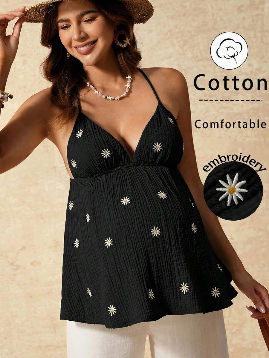 Apricot Boho Maternity Cami - Textured Floral Embroidery Spaghetti Strap Vacation Top with Backless Detail