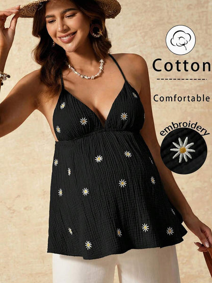Apricot Boho Maternity Cami - Textured Floral Embroidery Spaghetti Strap Vacation Top with Backless Detail