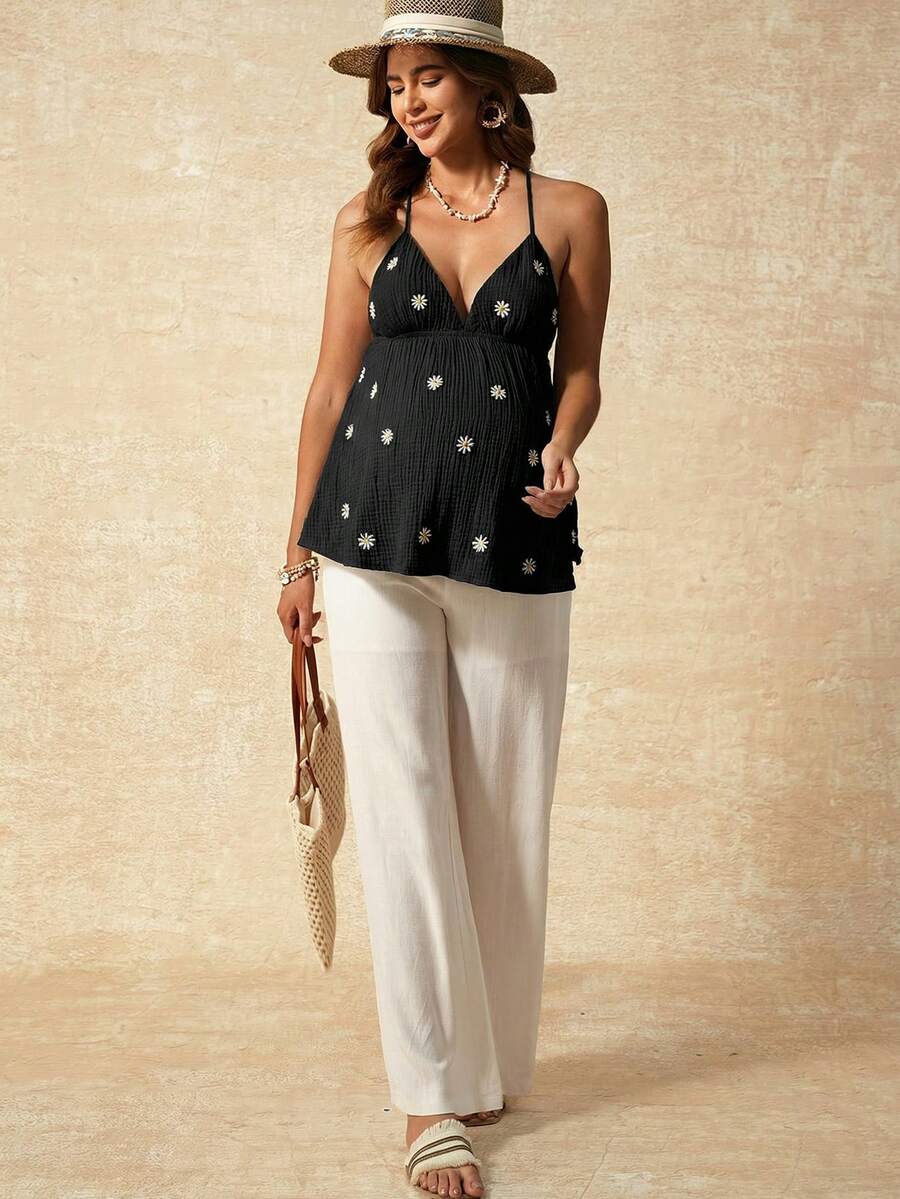 Apricot Boho Maternity Cami - Textured Floral Embroidery Spaghetti Strap Vacation Top with Backless Detail