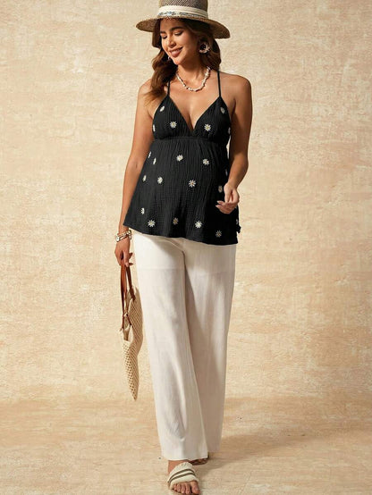 Apricot Boho Maternity Cami - Textured Floral Embroidery Spaghetti Strap Vacation Top with Backless Detail