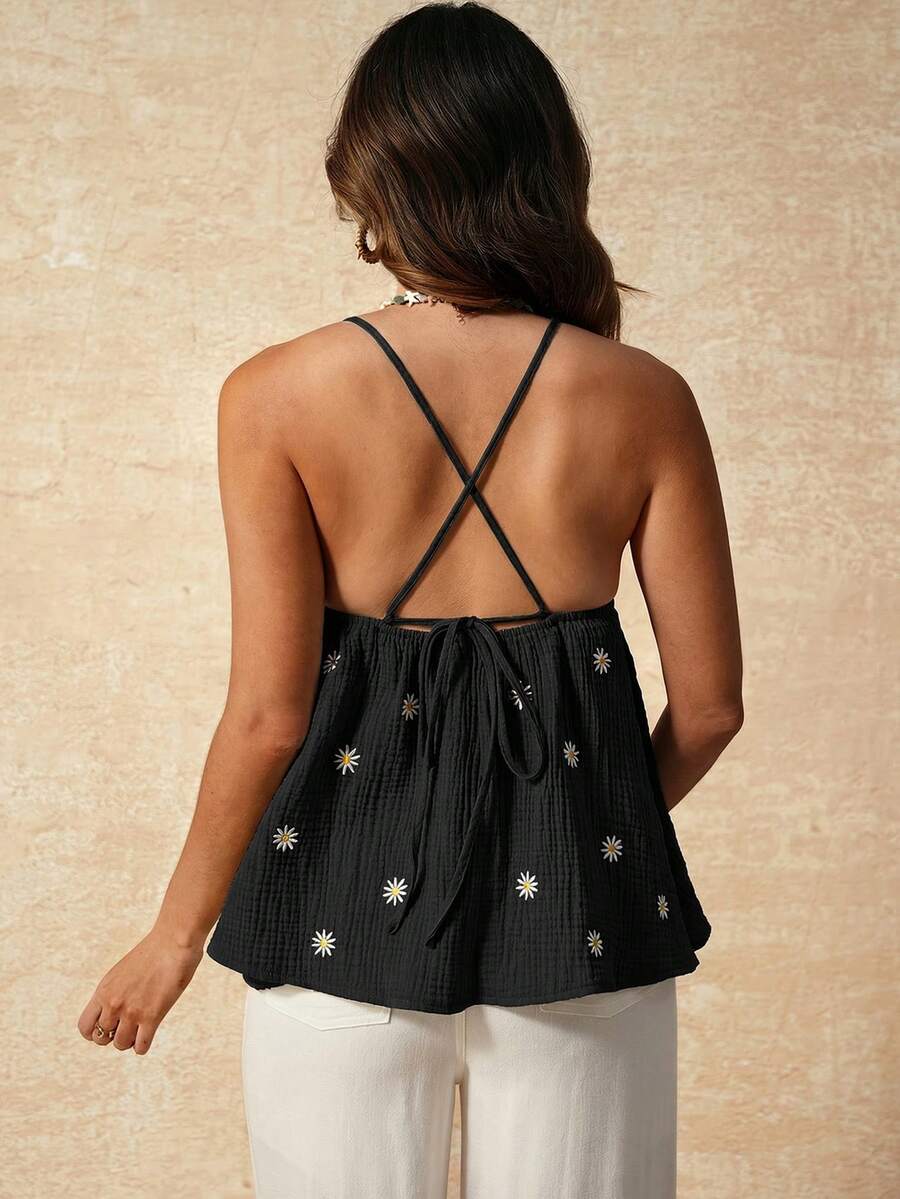 Apricot Boho Maternity Cami - Textured Floral Embroidery Spaghetti Strap Vacation Top with Backless Detail