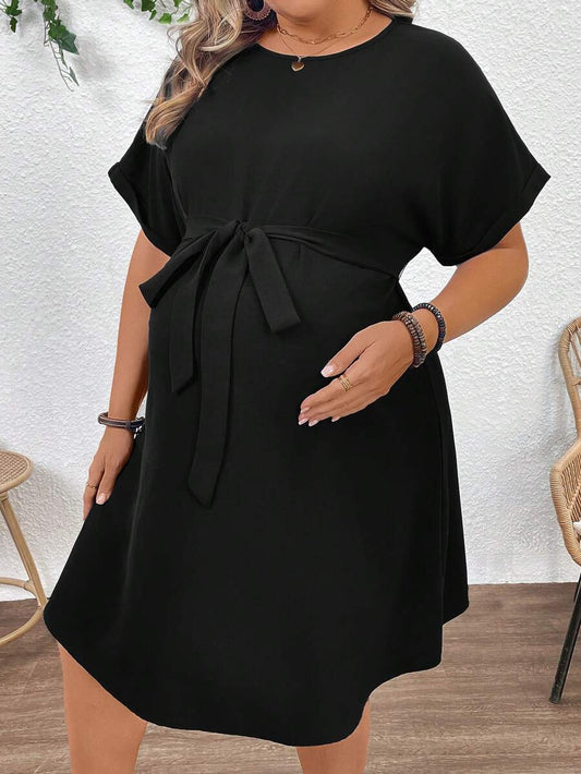 Plus Size Maternity Long Dress - Round Neck, Batwing Short Sleeve, Belted, High Waist, Black