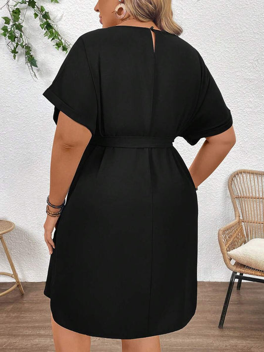 Plus Size Maternity Long Dress - Round Neck, Batwing Short Sleeve, Belted, High Waist, Black