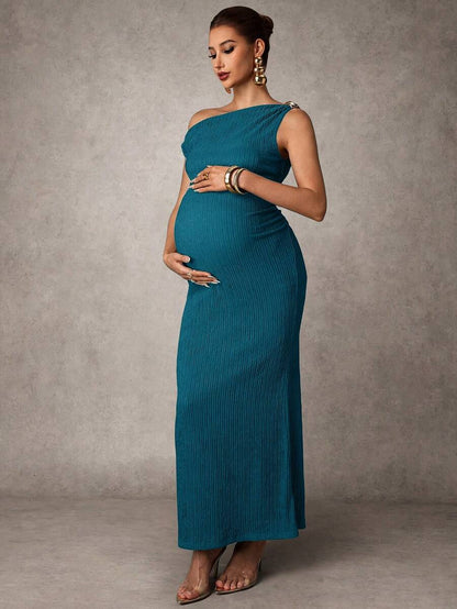 Maternity Casual Oblique Shoulder Sleeveless Long Dress Elegant Dresses Baby Shower Pregnancy Photoshoot Green Pregnant Bump Friendly
