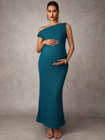 Maternity Casual Oblique Shoulder Sleeveless Long Dress Elegant Dresses Baby Shower Pregnancy Photoshoot Green Pregnant Bump Friendly