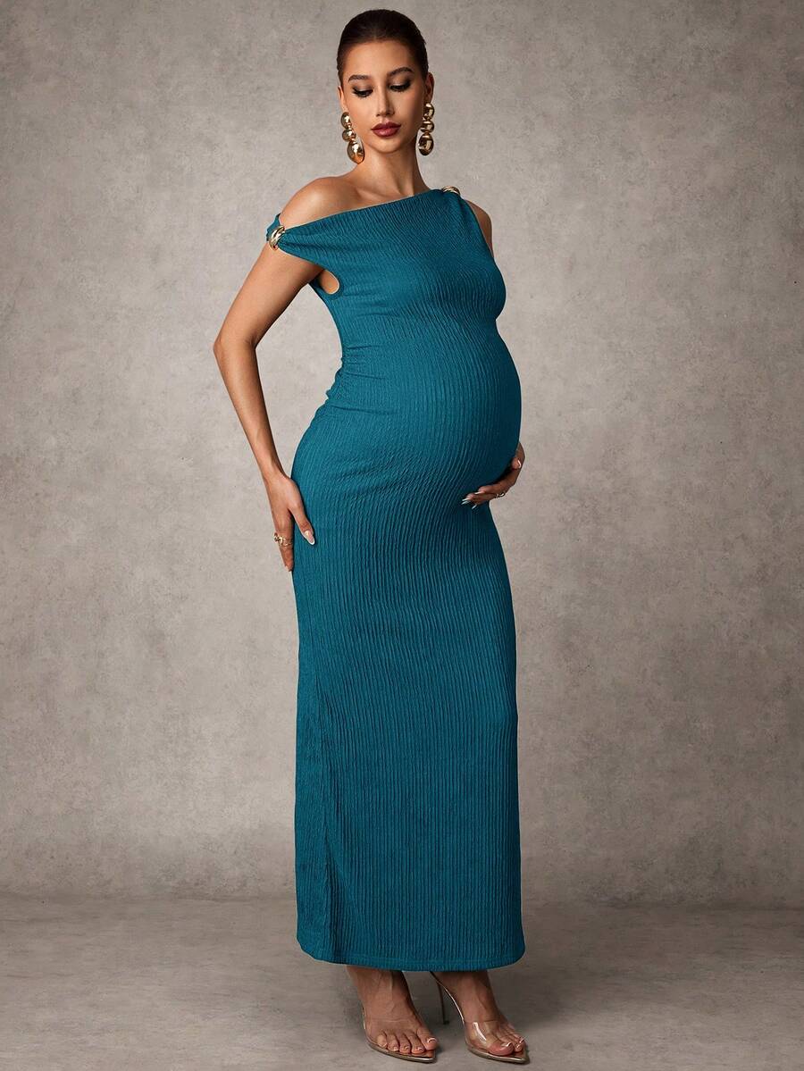 Maternity Casual Oblique Shoulder Sleeveless Long Dress Elegant Dresses Baby Shower Pregnancy Photoshoot Green Pregnant Bump Friendly