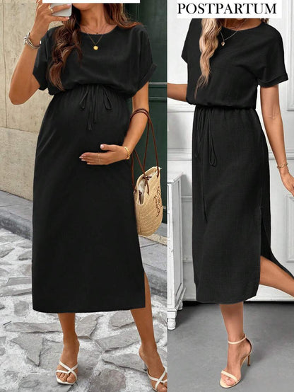Black Maternity Midi Dress - Short Batwing Sleeve High Waist Round Neck Casual Dress with Drawstring Detail for Pregnancy