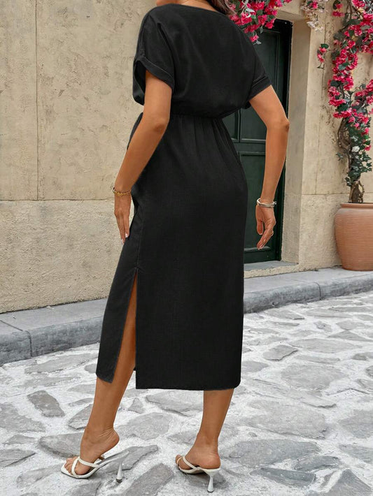 Black Maternity Midi Dress - Short Batwing Sleeve High Waist Round Neck Casual Dress with Drawstring Detail for Pregnancy