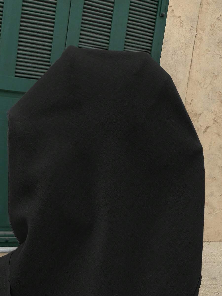 Black Maternity Midi Dress - Short Batwing Sleeve High Waist Round Neck Casual Dress with Drawstring Detail for Pregnancy