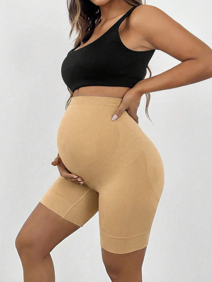 Plus Size Seamless Maternity Shapewear Shorts - High Waist Anti-Chafing Brown