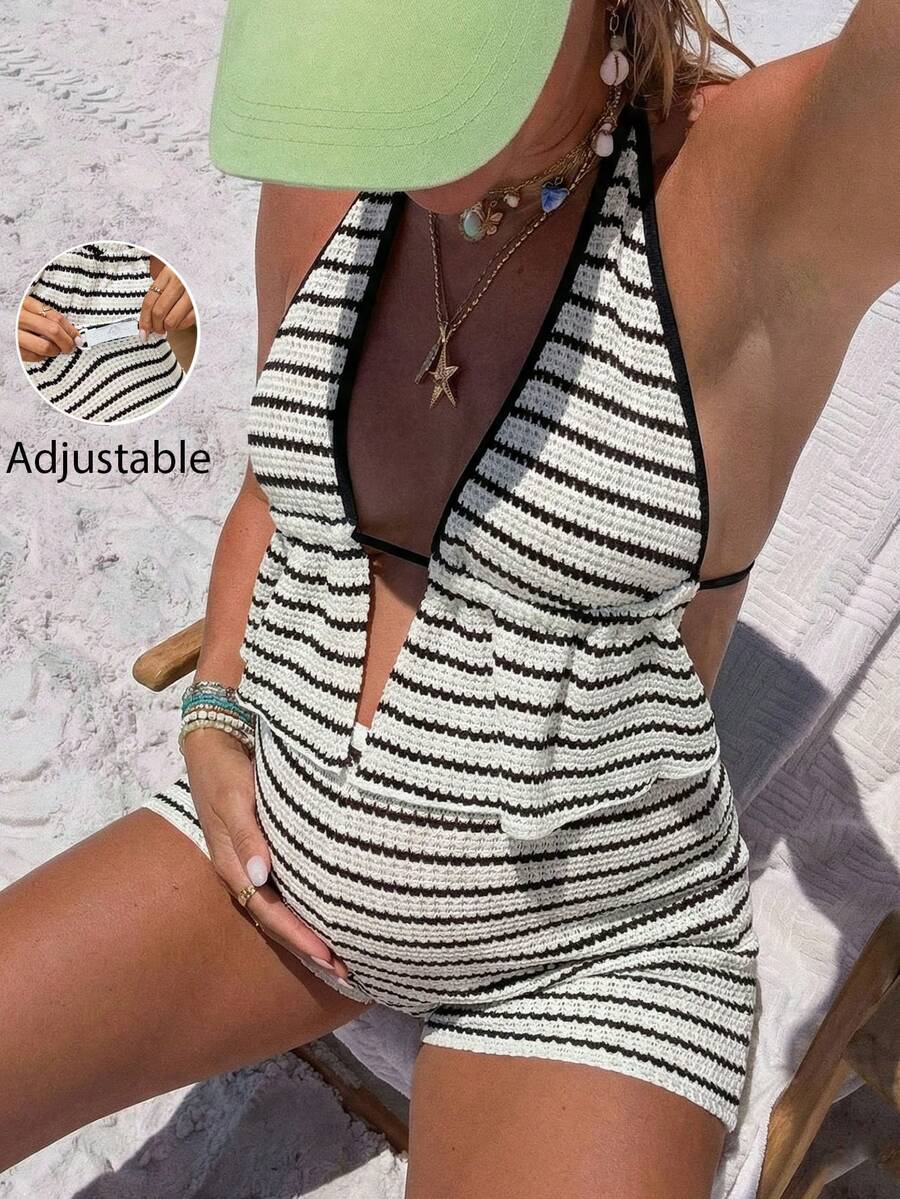 Striped Halter Maternity Two Piece Set Black and White Backless Knitted Crop Top and Mini Shorts Summer Beach Vacation Outfit