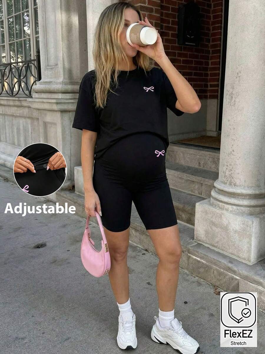 2-Piece Maternity Bow Print Set – Casual T-Shirt & Shorts Summer Outfit