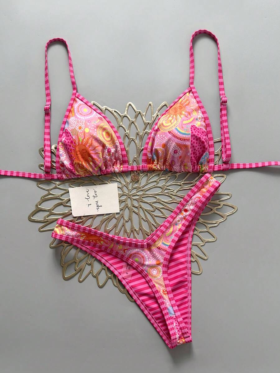 Women's 2-Piece Boho Halter Bikini Set - Gold Accessory, High-Cut, Floral Print, Multicolor