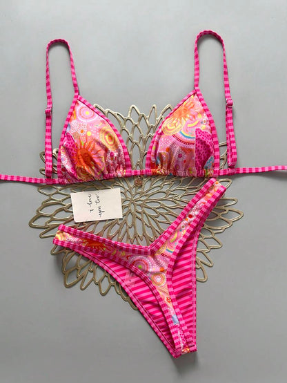 Women's 2-Piece Boho Halter Bikini Set - Gold Accessory, High-Cut, Floral Print, Multicolor