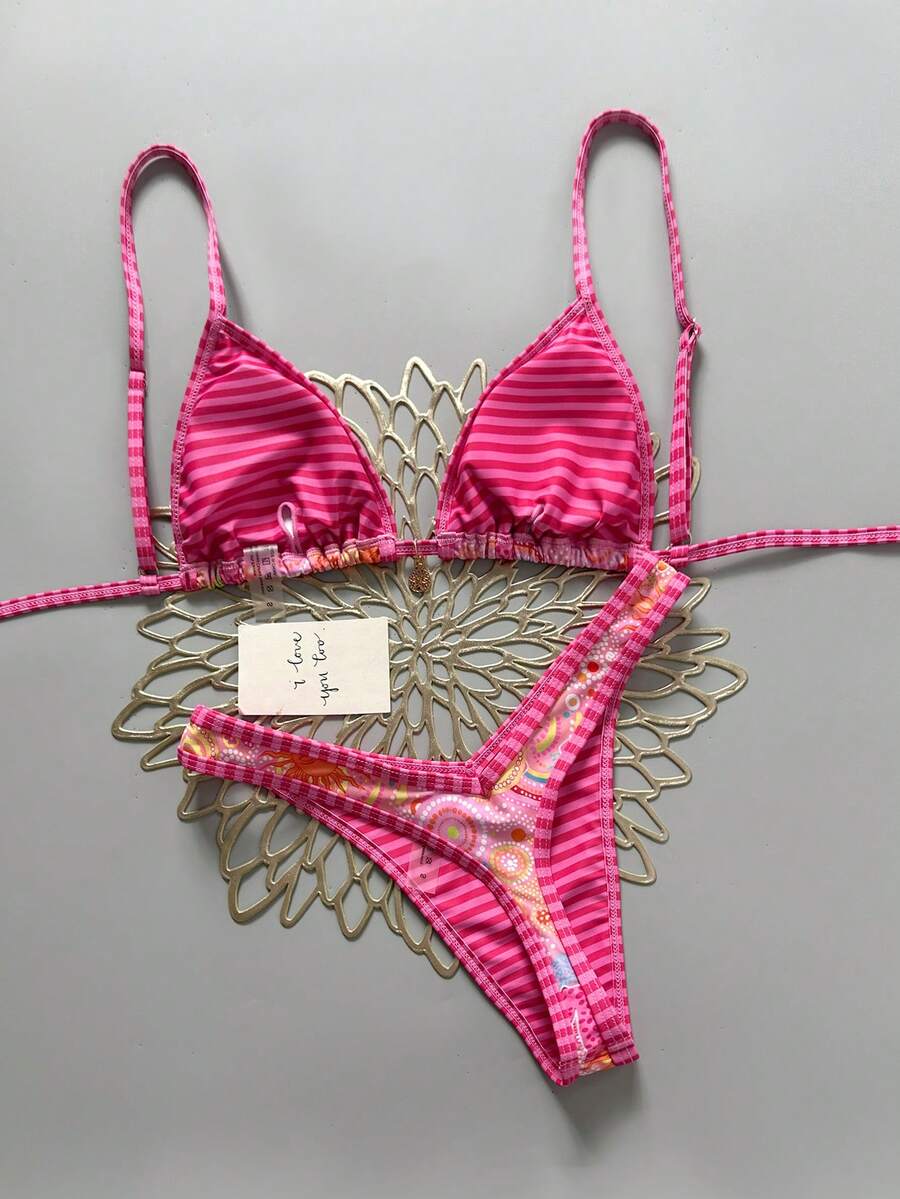 Women's 2-Piece Boho Halter Bikini Set - Gold Accessory, High-Cut, Floral Print, Multicolor