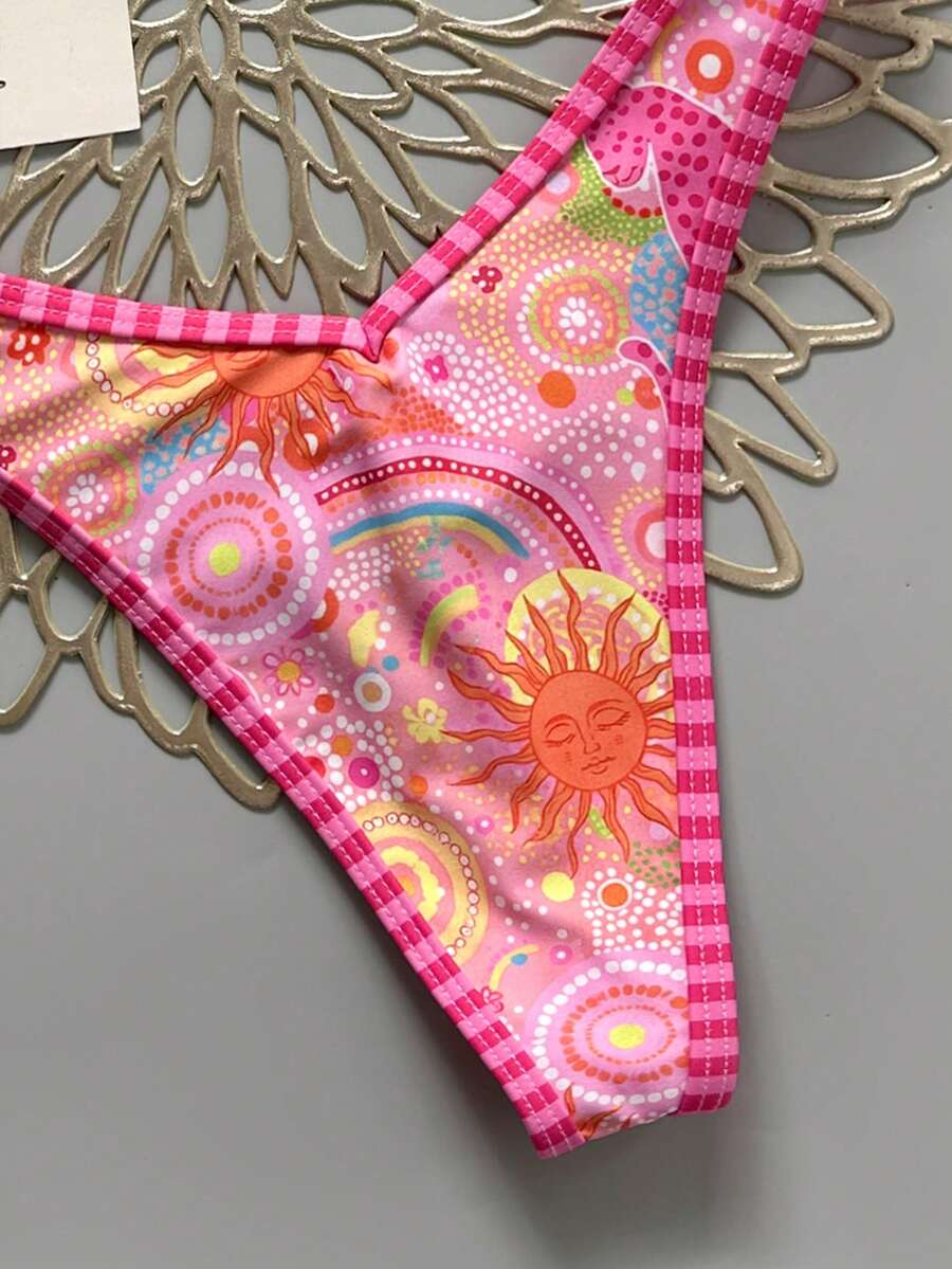 Women's 2-Piece Boho Halter Bikini Set - Gold Accessory, High-Cut, Floral Print, Multicolor