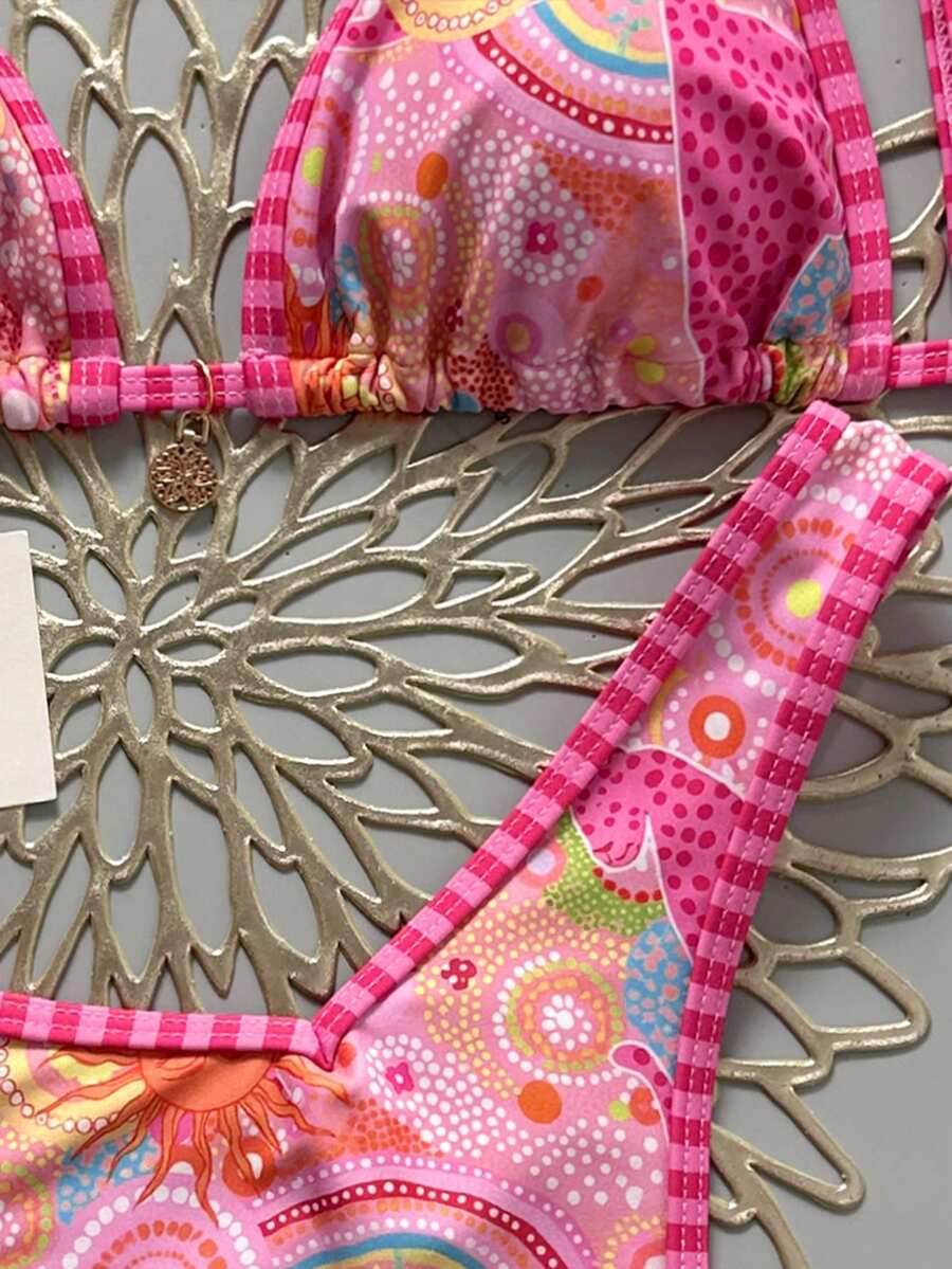 Women's 2-Piece Boho Halter Bikini Set - Gold Accessory, High-Cut, Floral Print, Multicolor