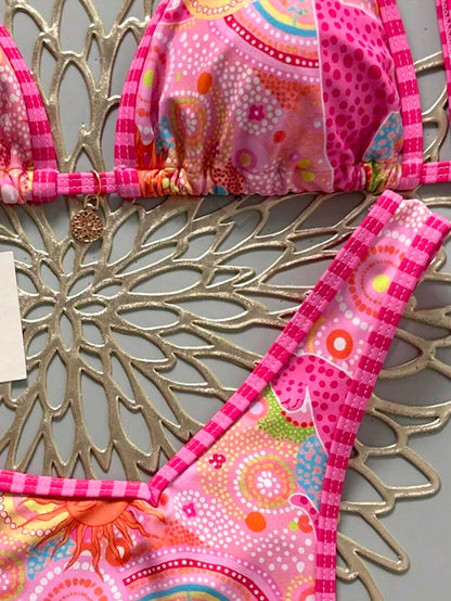 Women's 2-Piece Boho Halter Bikini Set - Gold Accessory, High-Cut, Floral Print, Multicolor
