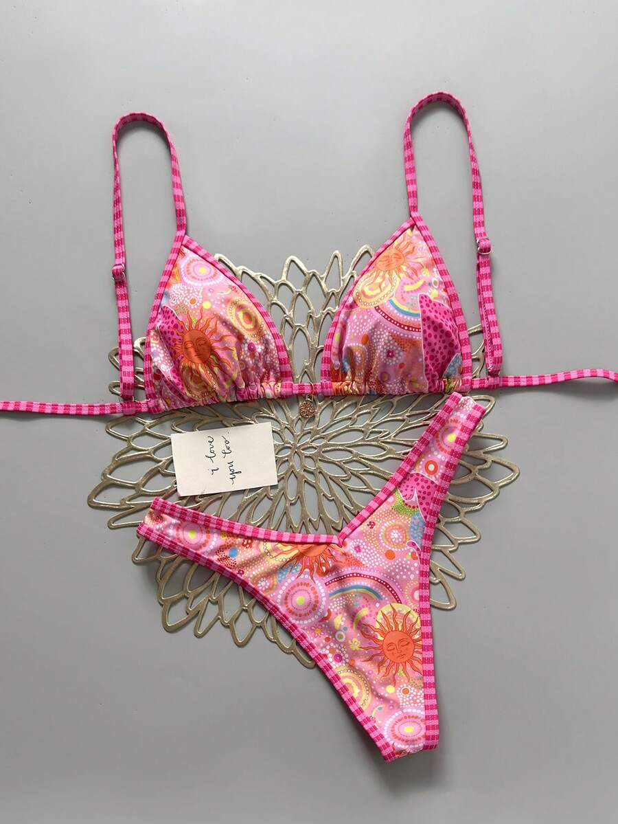 Women's 2-Piece Boho Halter Bikini Set - Gold Accessory, High-Cut, Floral Print, Multicolor
