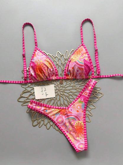 Women's 2-Piece Boho Halter Bikini Set - Gold Accessory, High-Cut, Floral Print, Multicolor