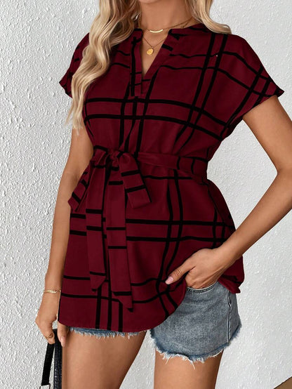 Maternity Summer,Casual Maternity Casual Plaid Print Shirt For Pregnant Women Maternity Casual Plaid Notched Neck Belted Shirt, Summer Tie Up Shirt Tie Front Blouse Light Blue Blouse Baby Blue Top Women Plaid Light Blue Top Plaid Top