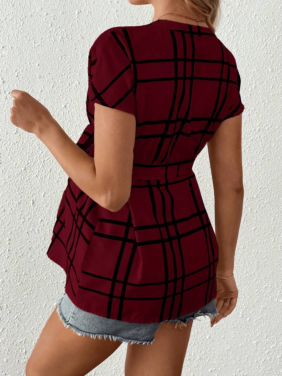 Maternity Summer,Casual Maternity Casual Plaid Print Shirt For Pregnant Women Maternity Casual Plaid Notched Neck Belted Shirt, Summer Tie Up Shirt Tie Front Blouse Light Blue Blouse Baby Blue Top Women Plaid Light Blue Top Plaid Top