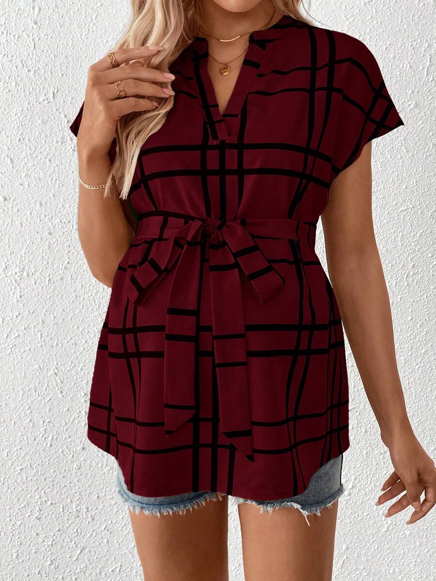 Maternity Summer,Casual Maternity Casual Plaid Print Shirt For Pregnant Women Maternity Casual Plaid Notched Neck Belted Shirt, Summer Tie Up Shirt Tie Front Blouse Light Blue Blouse Baby Blue Top Women Plaid Light Blue Top Plaid Top